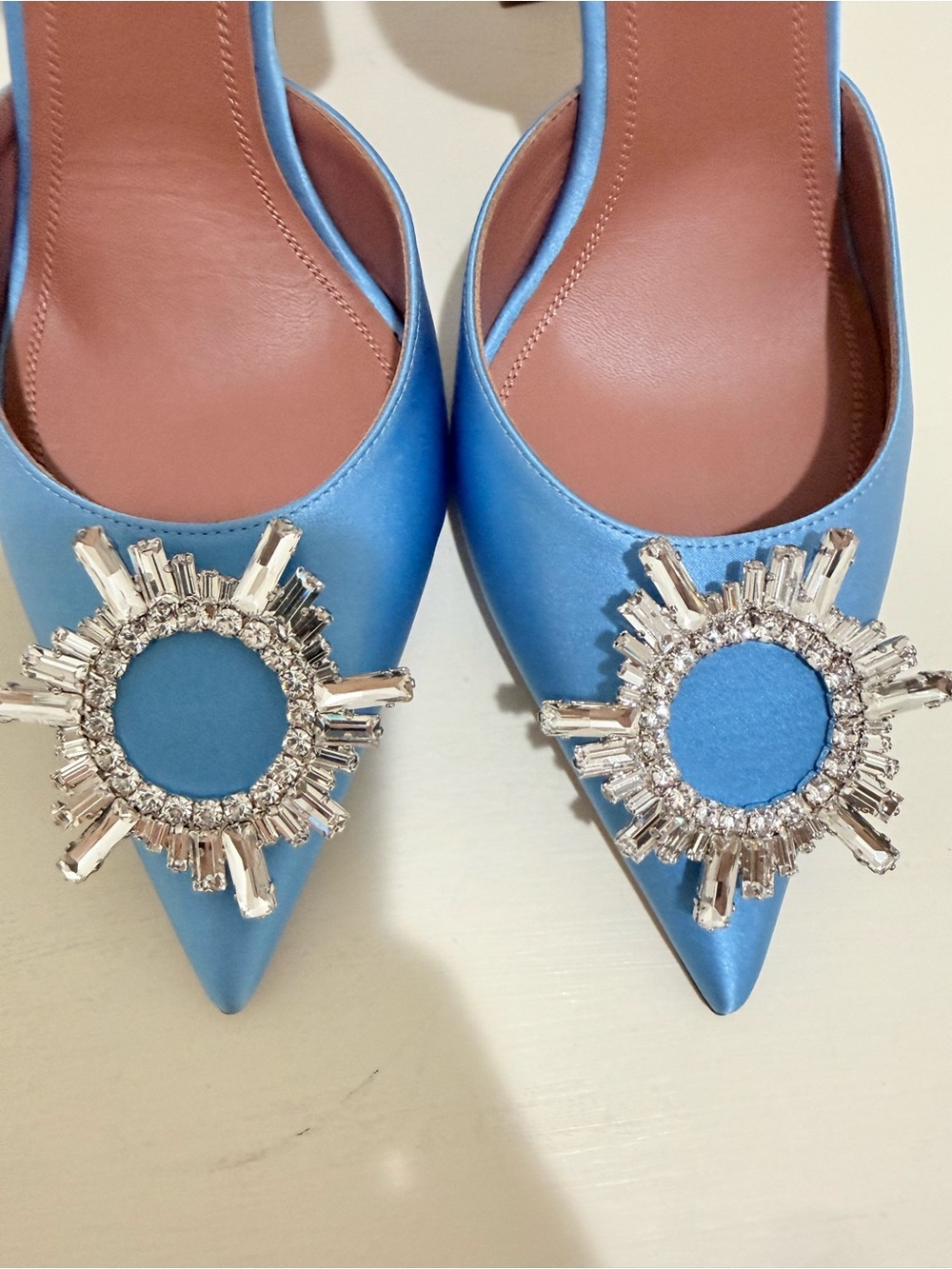 Amina Muaddi Sky Blue Slingback Pump with Crystal Brooch - Picture 7 of 10